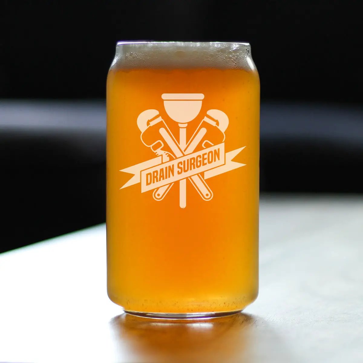 Beer Can Pint Glass | Hand Etched Drain Surgeon Text | 16 Oz
