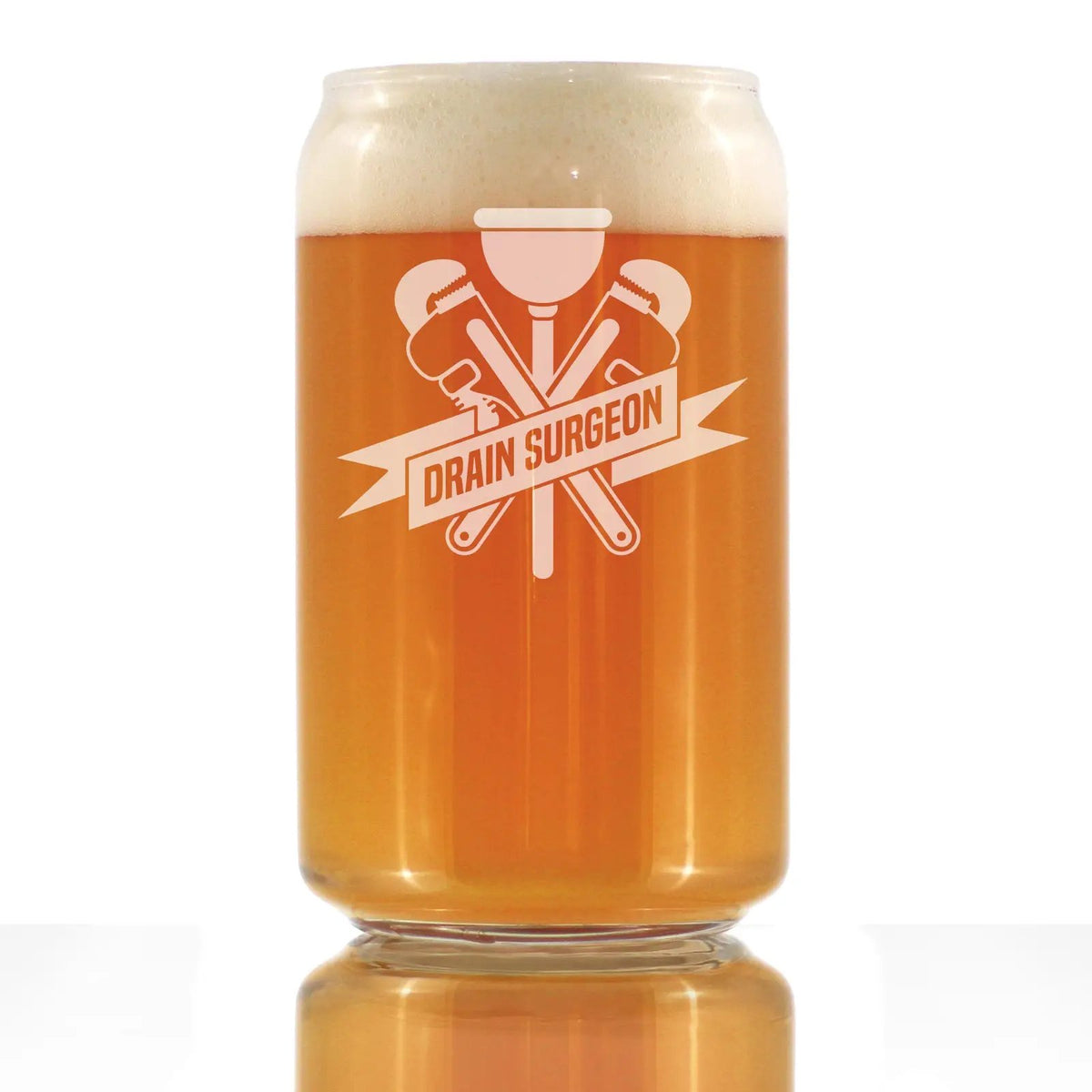 Beer Can Pint Glass | Hand Etched Drain Surgeon Text | 16 Oz