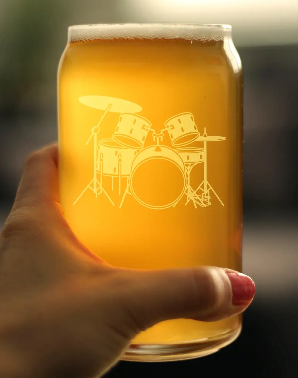 Beer Can Pint Glass | 16 Oz Capacity | Hand Etched Drum Art | Standard Size