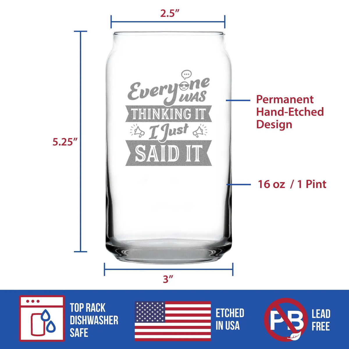 Beer Can Pint Glass | Hand Etched Text | 16 Ounces