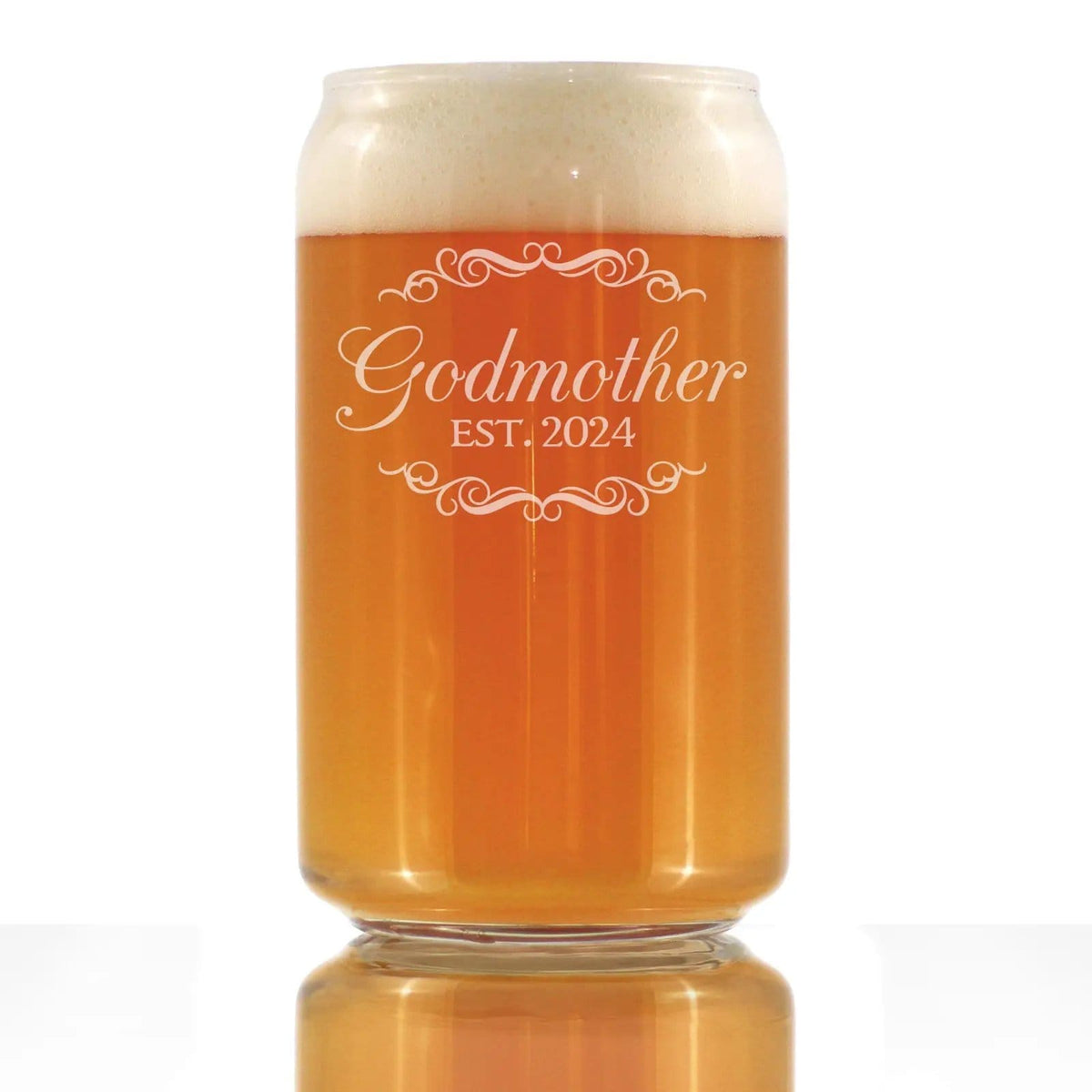 Etched Beer Can Pint Glass | 16 oz | Dishwasher Safe | Godmother Est 2024 - New Godmother (Style 2)