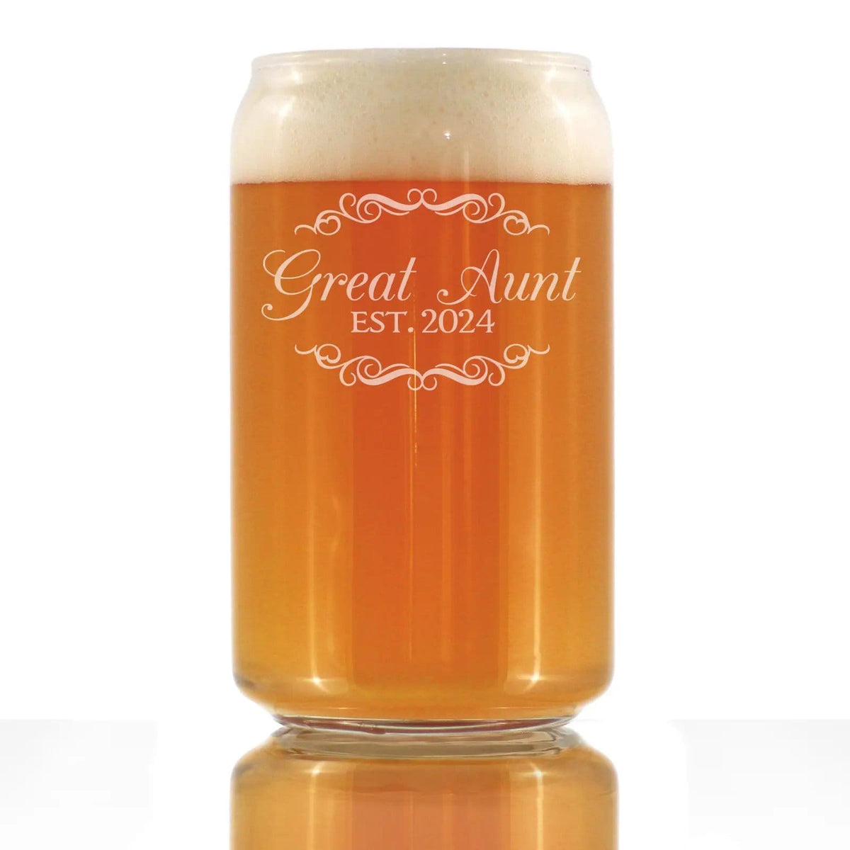 Etched Beer Can Pint Glass | 16 oz | Dishwasher Safe | Great Aunt Est 2024 - New Great Aunts (Style 2)