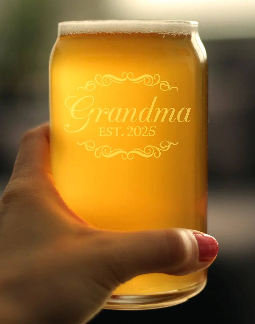 Beer Can Pint Glass | Grandma Est 2025 Etched Text | Large 16 Oz