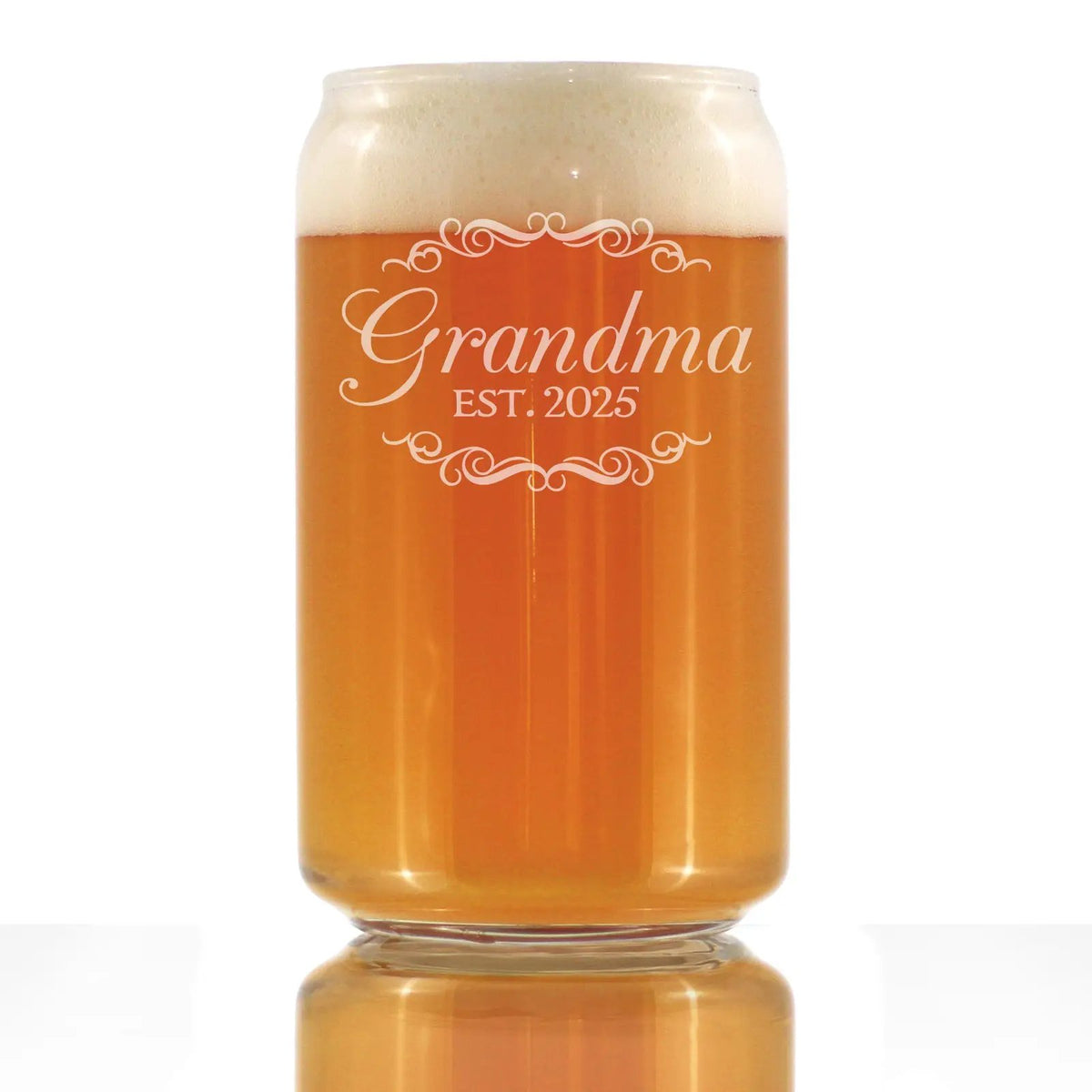 Beer Can Pint Glass | Grandma Est 2025 Etched Text | Large 16 Oz