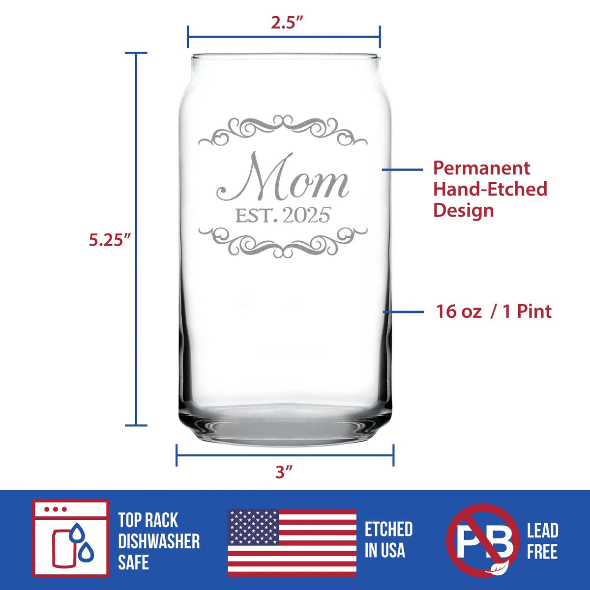 Beer Can Pint Glass | 16 Oz Capacity | Etched Mom Design | Clear
