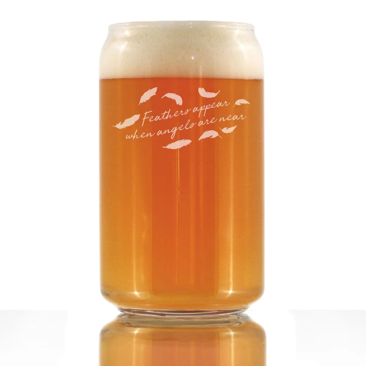 Etched Beer Can Pint Glass | 16 oz | Dishwasher Safe | Feathers Appear when Angels are Near