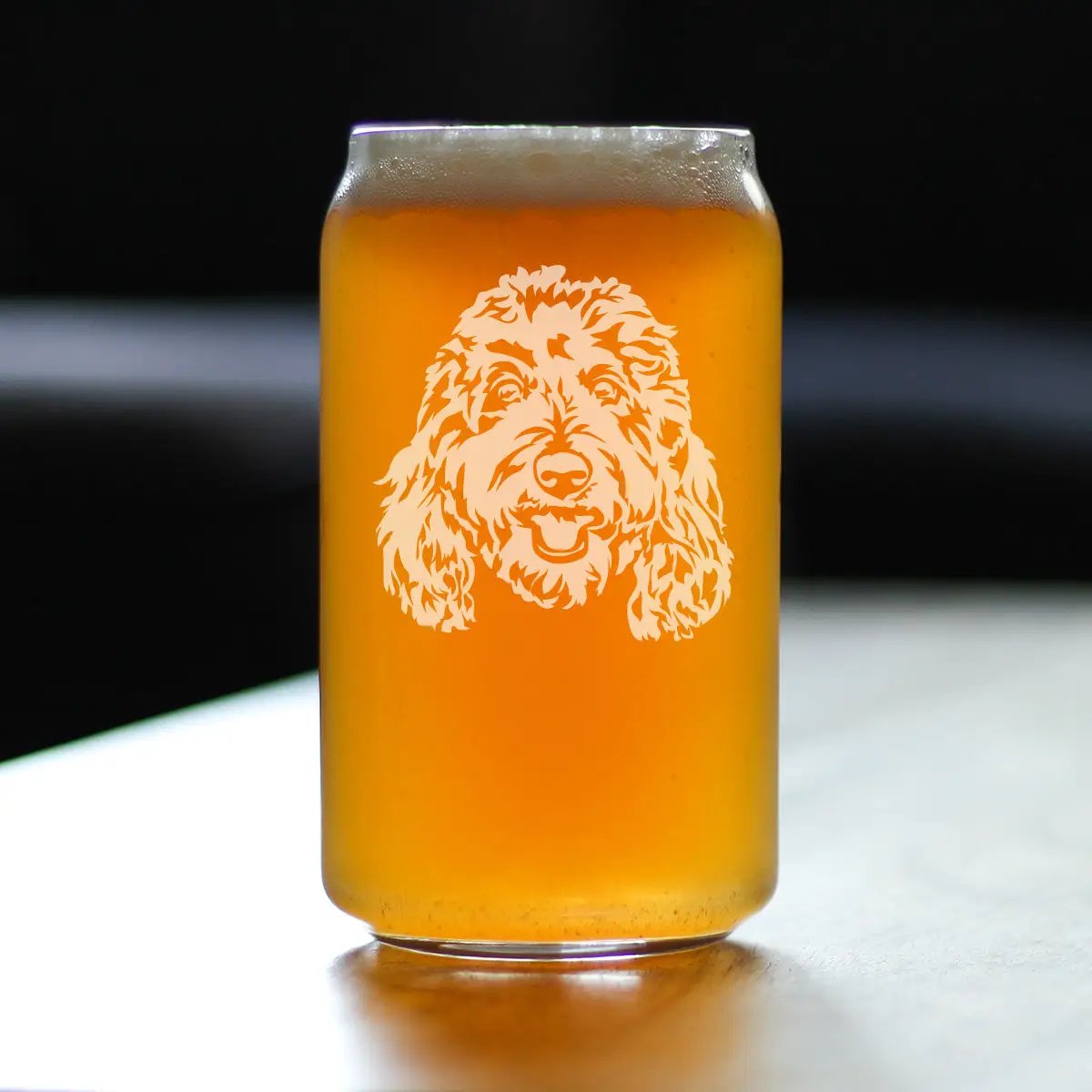 Beer Can Pint Glass | 16 Oz | Hand Etched Goldendoodle