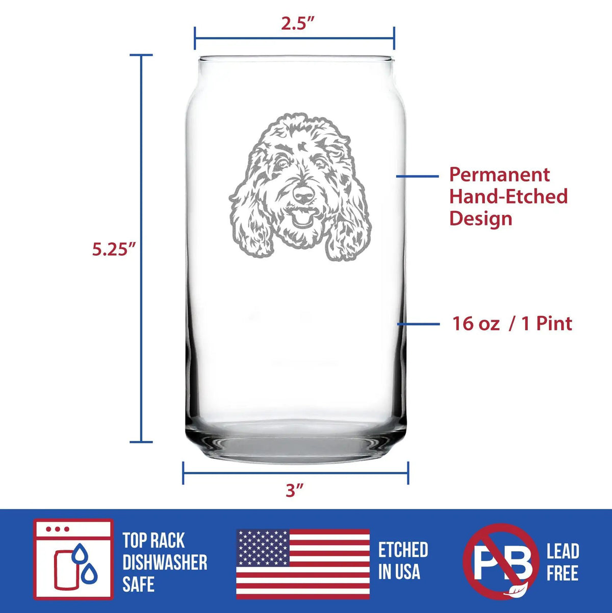 Beer Can Pint Glass | 16 Oz | Hand Etched Goldendoodle