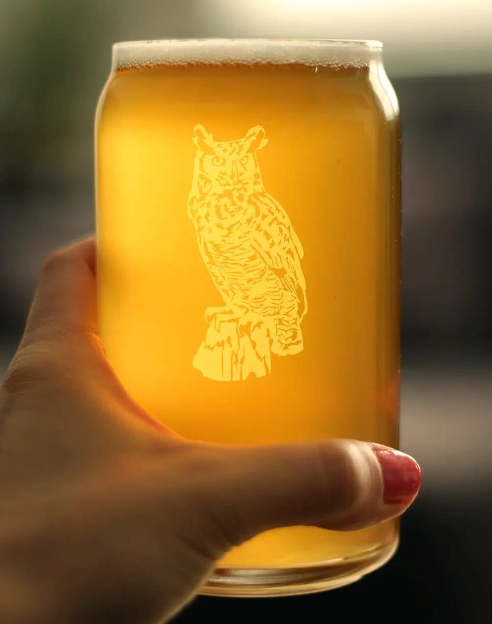 Etched Beer Can Pint Glass | 16 oz | Dishwasher Safe | Great Horned Owl Engraved