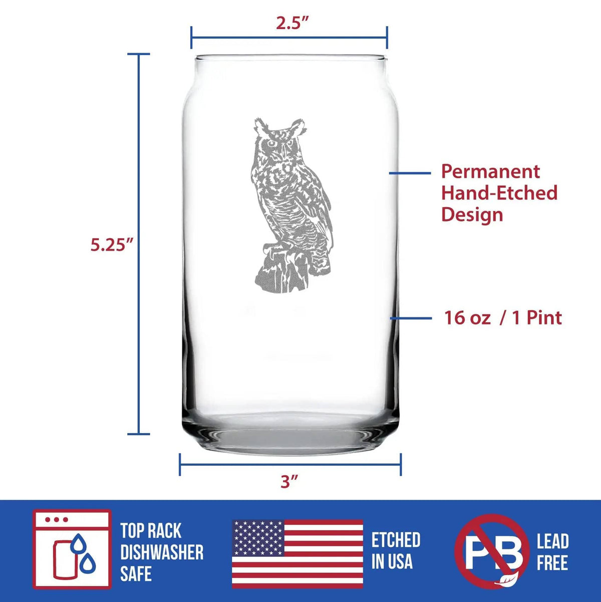 Etched Beer Can Pint Glass | 16 oz | Dishwasher Safe | Great Horned Owl Engraved