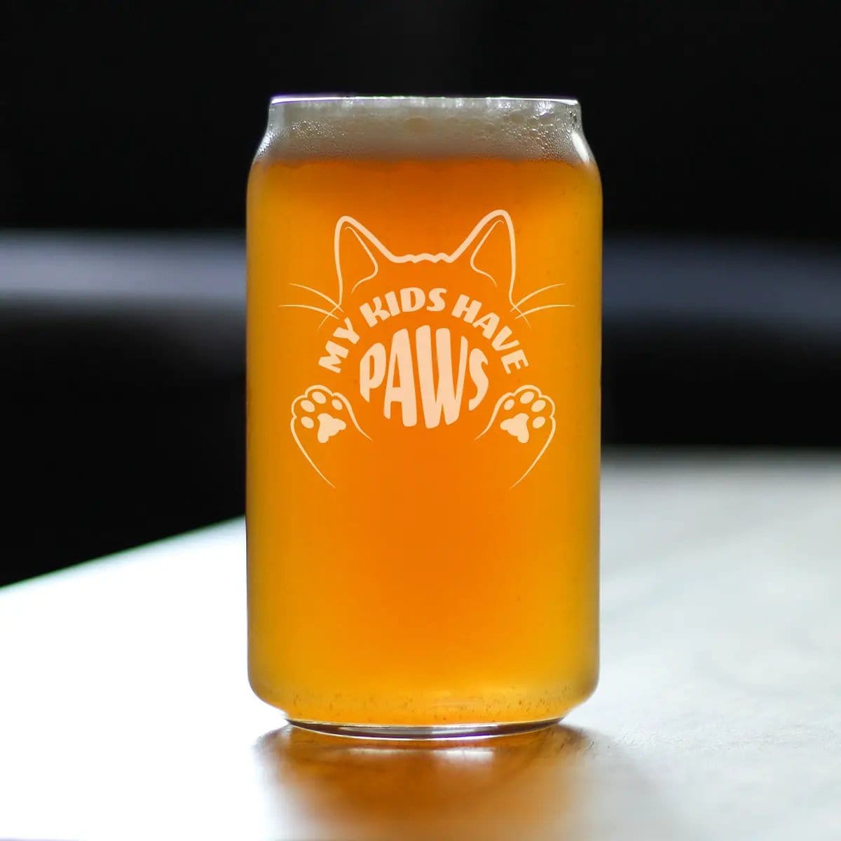 Etched Beer Can Pint Glass | 16 oz | Dishwasher Safe | Kids Have Paws Cat Engraved