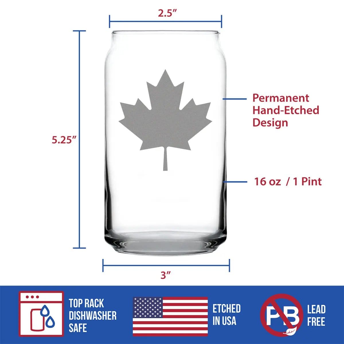 Etched Beer Can Pint Glass | 16 oz | Dishwasher Safe | Canada Maple Leaf