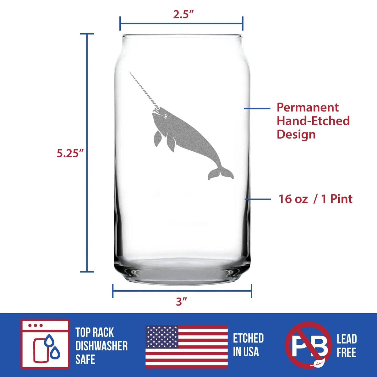 Etched Beer Can Pint Glass | 16 oz | Dishwasher Safe | Narwhal Engraved
