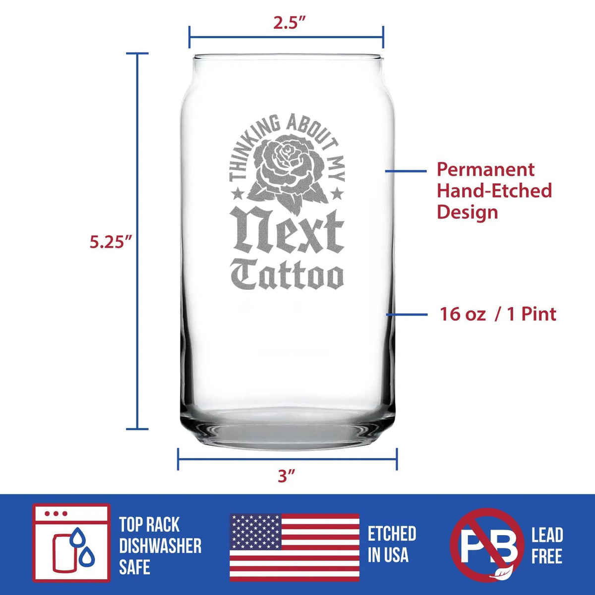 Etched Beer Can Pint Glass | 16 oz | Dishwasher Safe | Next Tattoo Engraved