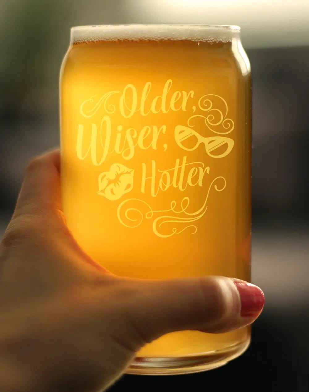 Etched Beer Can Pint Glass | 16 oz | Dishwasher Safe | Older Wiser Hotter Engraved