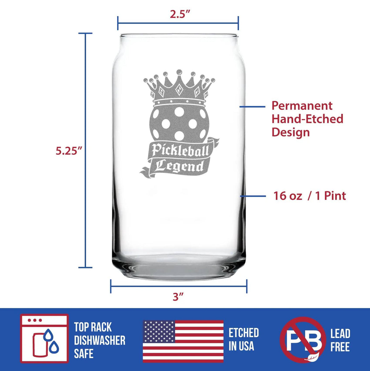 Etched Beer Can Pint Glass | 16 oz | Dishwasher Safe | Pickleball Legend Engraved