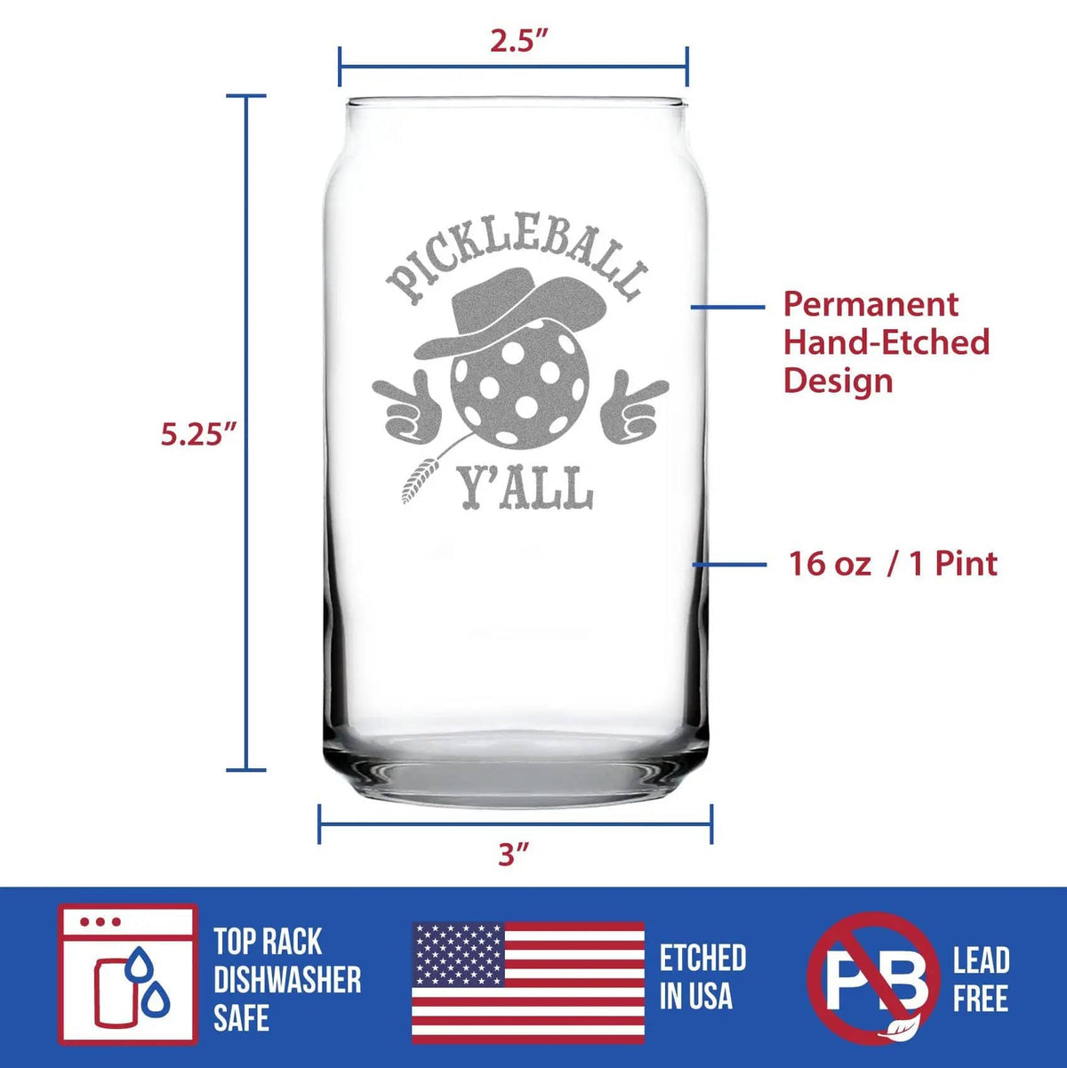 Etched Beer Can Pint Glass | 16 oz | Dishwasher Safe | Pickleball Y'all Engraved