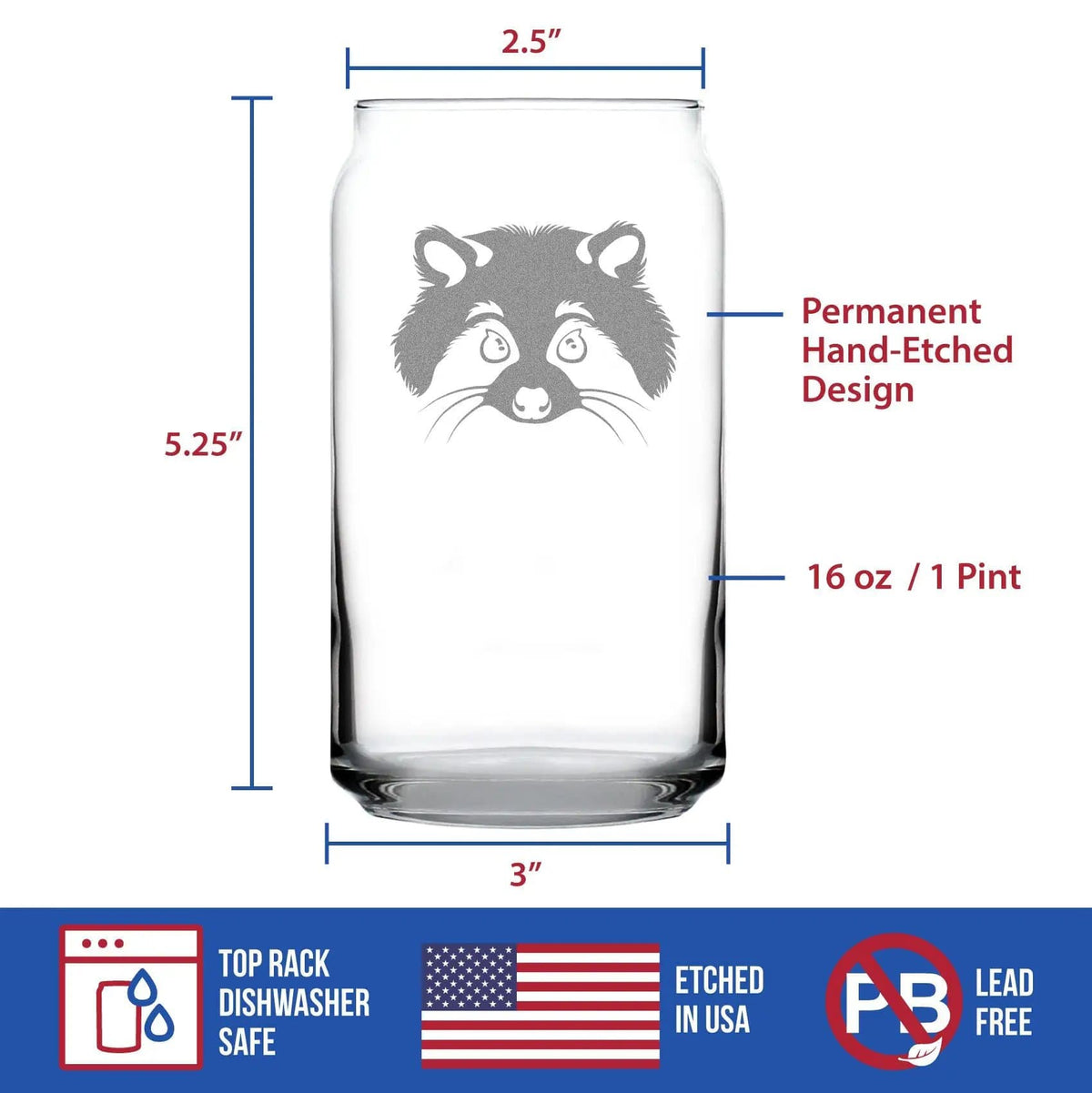 Pint Glass | 16 Oz | Hand Etched Raccoon | Dishwasher Safe