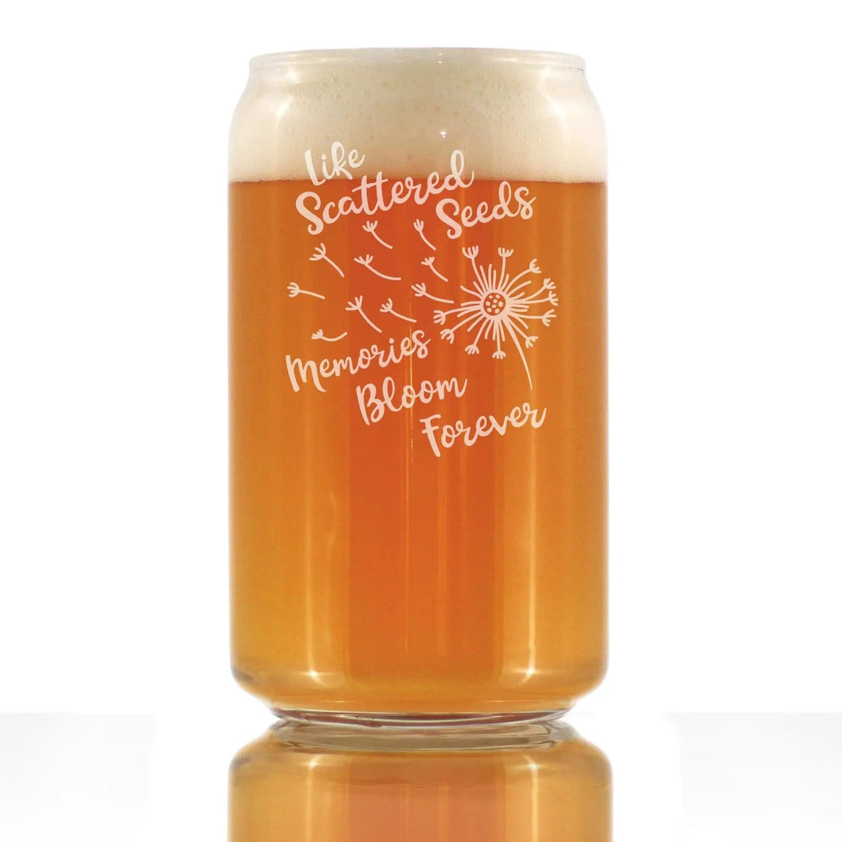 Etched Beer Can Pint Glass | 16 oz | Dishwasher Safe | Memories Bloom Forever - Dandelion