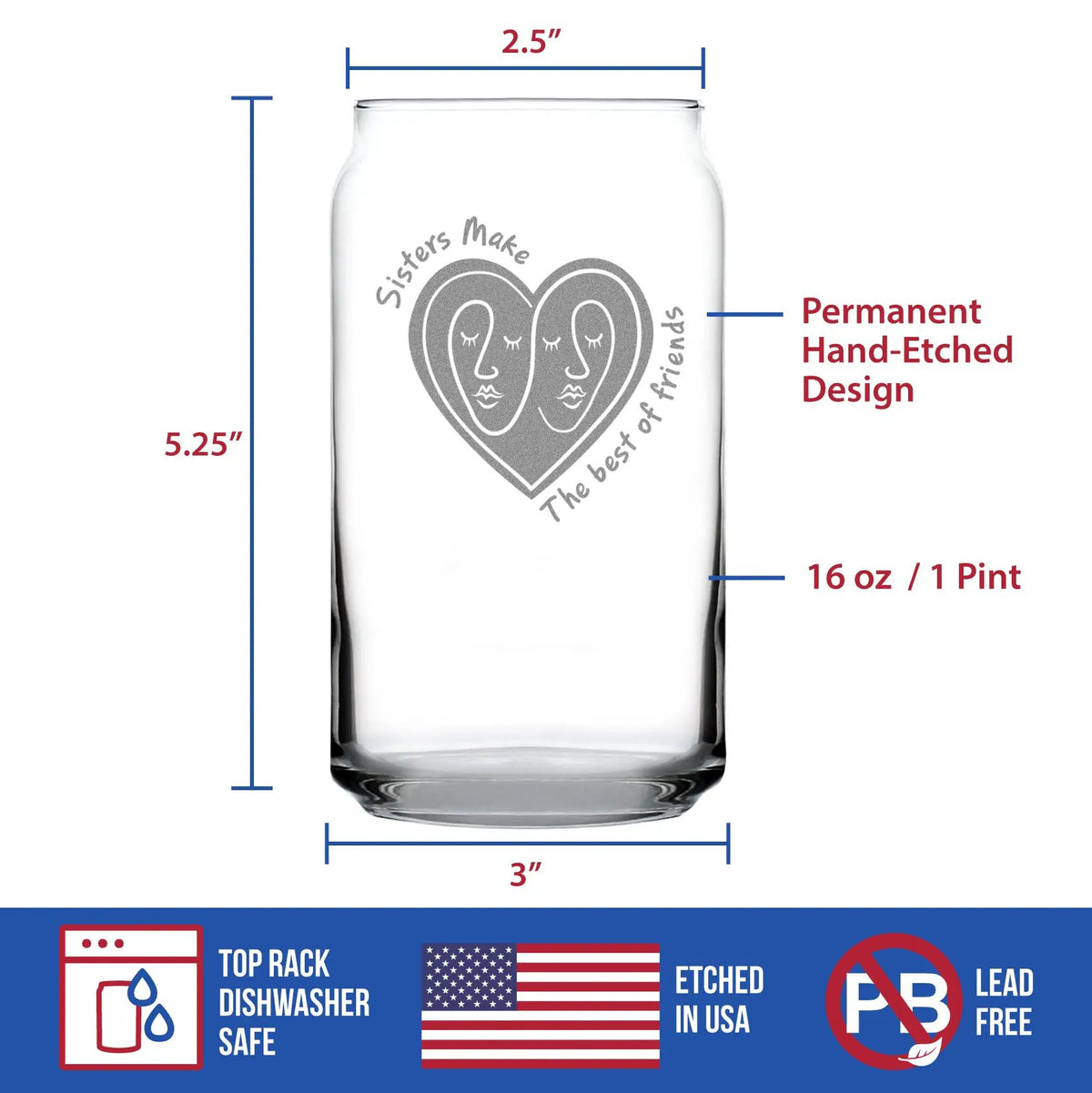 Sister Quote Beer Can Pint Glass | 16 Oz | Hand Etched Design | Dishwasher Safe