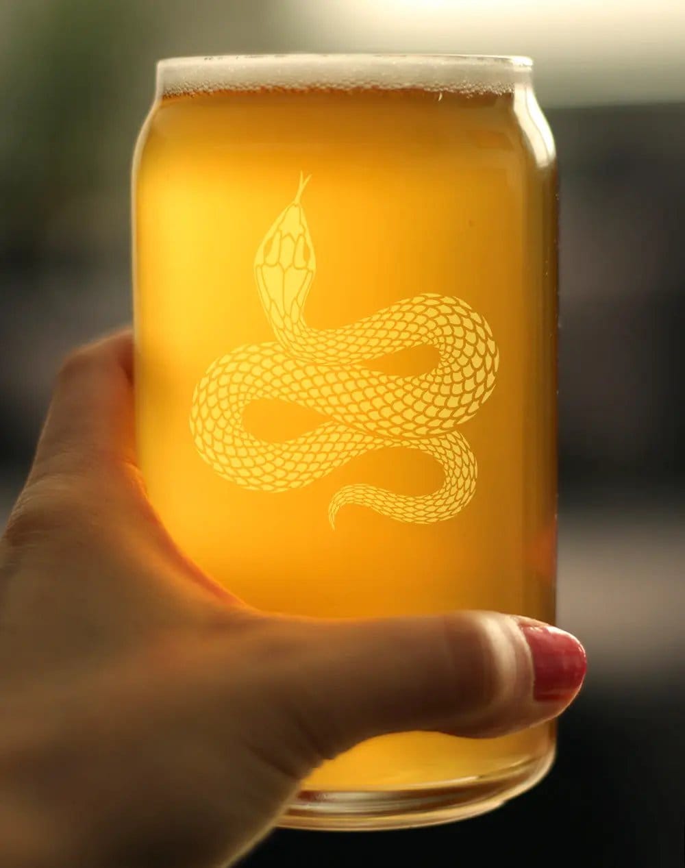 Etched Beer Can Pint Glass | 16 oz | Dishwasher Safe | Snake Engraved