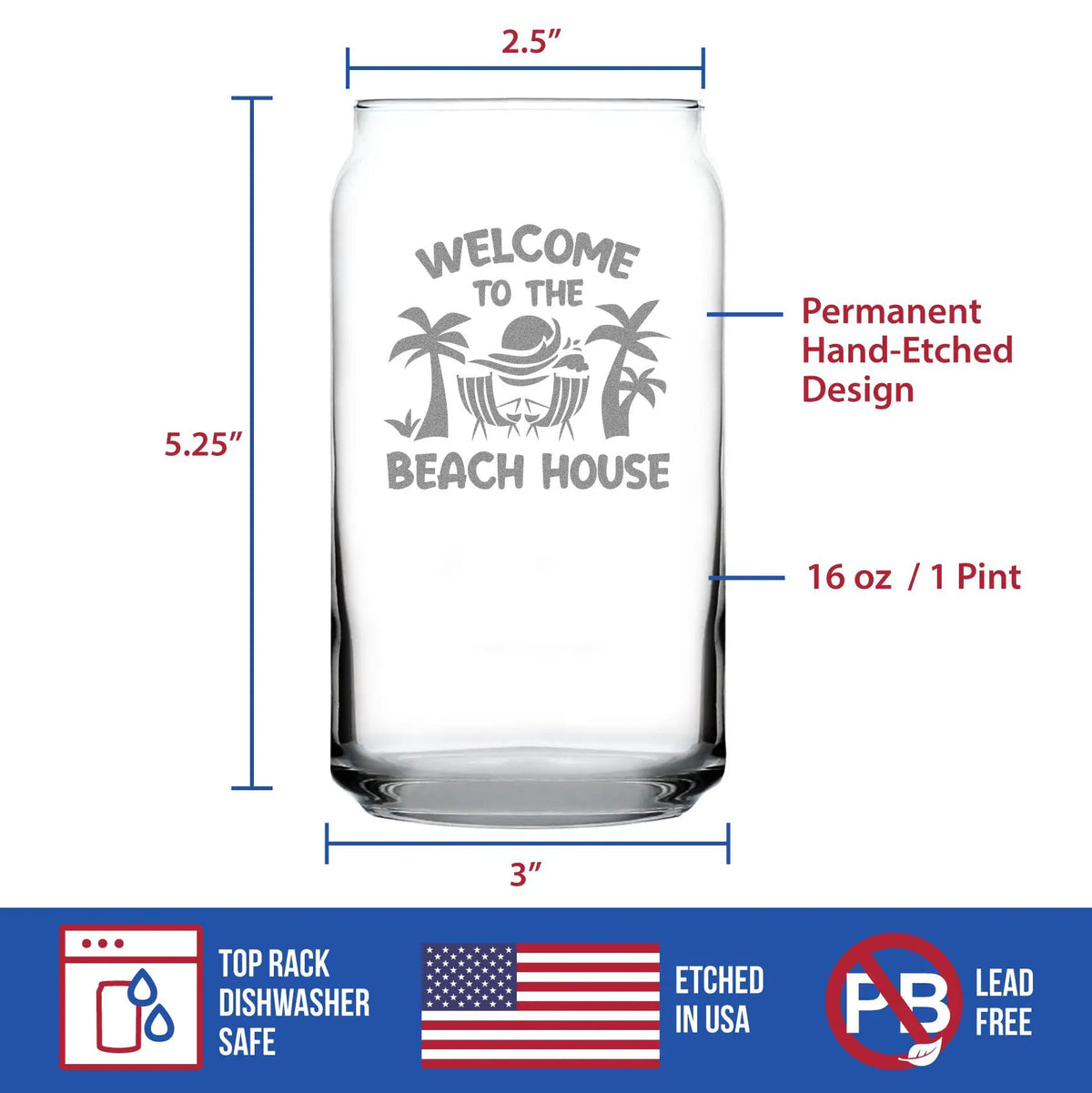 Beer Can Pint Glass | Etched Beach House Text | Dishwasher Safe | 16 Oz