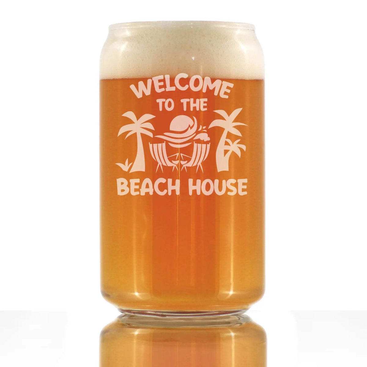 Beer Can Pint Glass | Etched Beach House Text | Dishwasher Safe | 16 Oz