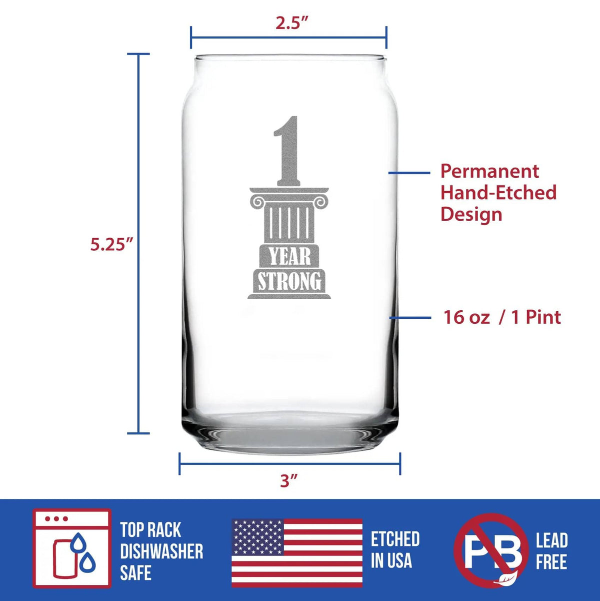 Etched Beer Can Pint Glass | 16 oz | Dishwasher Safe | 1 Year Strong Engraved
