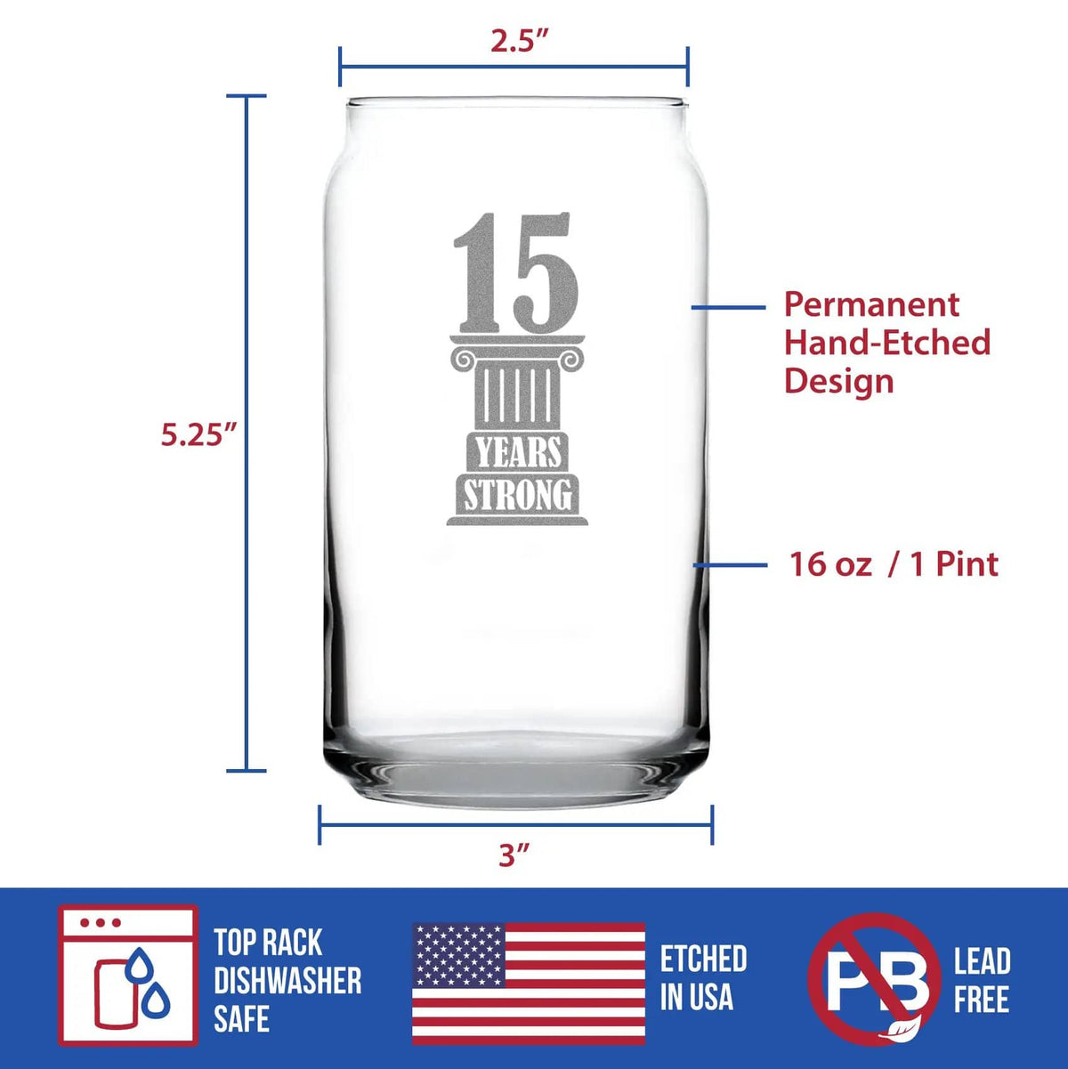 Etched Beer Can Pint Glass | 16 oz | Dishwasher Safe | 15 Years Strong Engraved