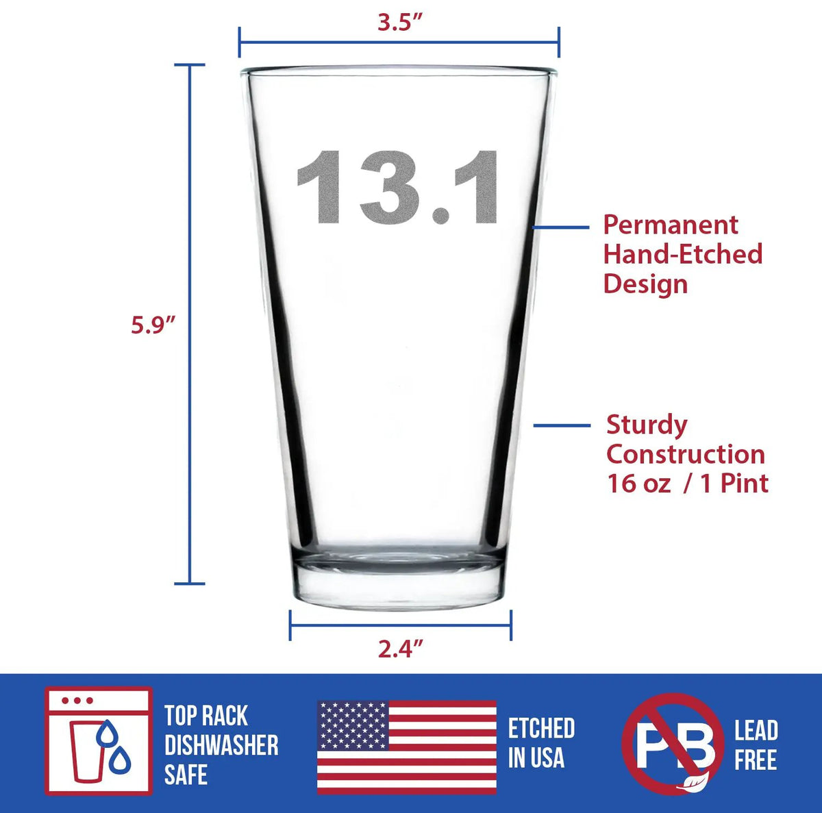 Pint Glass | 13.1 Mile Etched Design | 16 Oz Capacity | Clear Glass