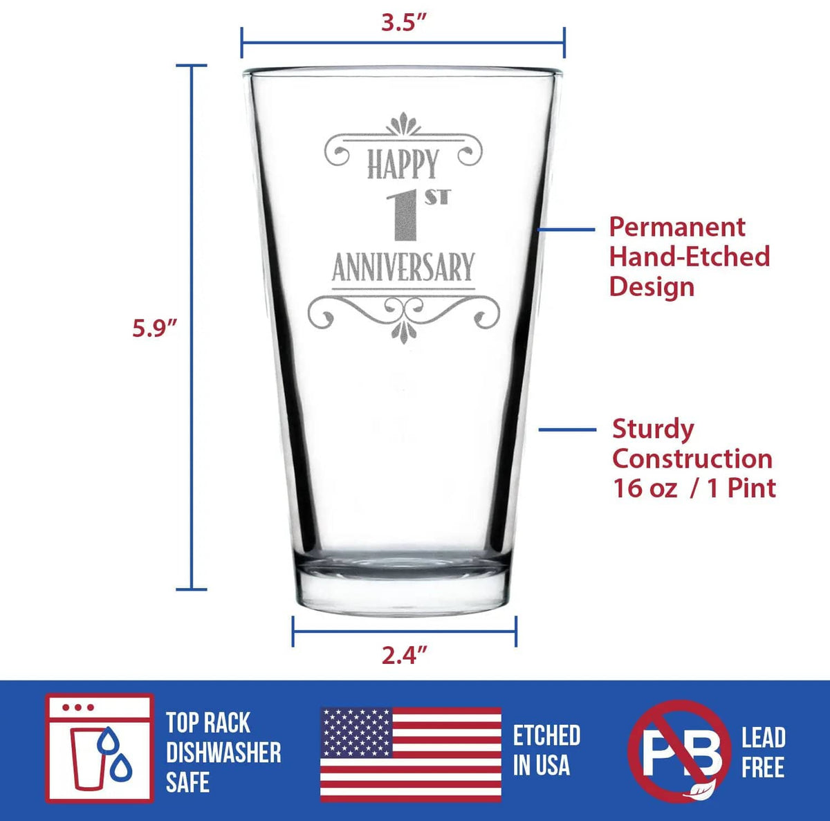 Etched Pint Glass | 16 oz Beer Glass | Dishwasher Safe | Happy 1st Anniversary Engraved