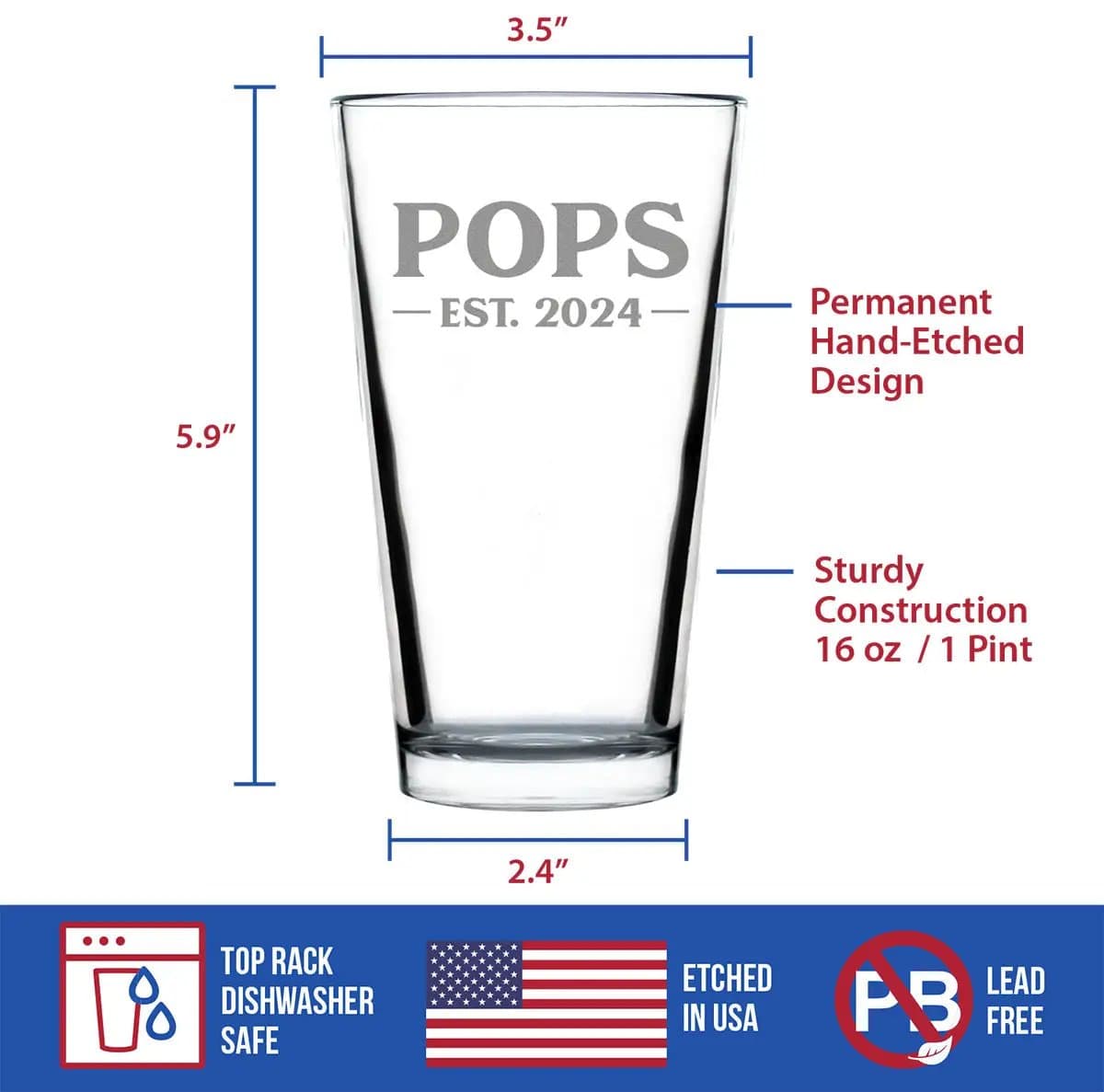 Etched Pint Glass | 16 oz Beer Glass | Dishwasher Safe | Pops Est. 2024 Bold