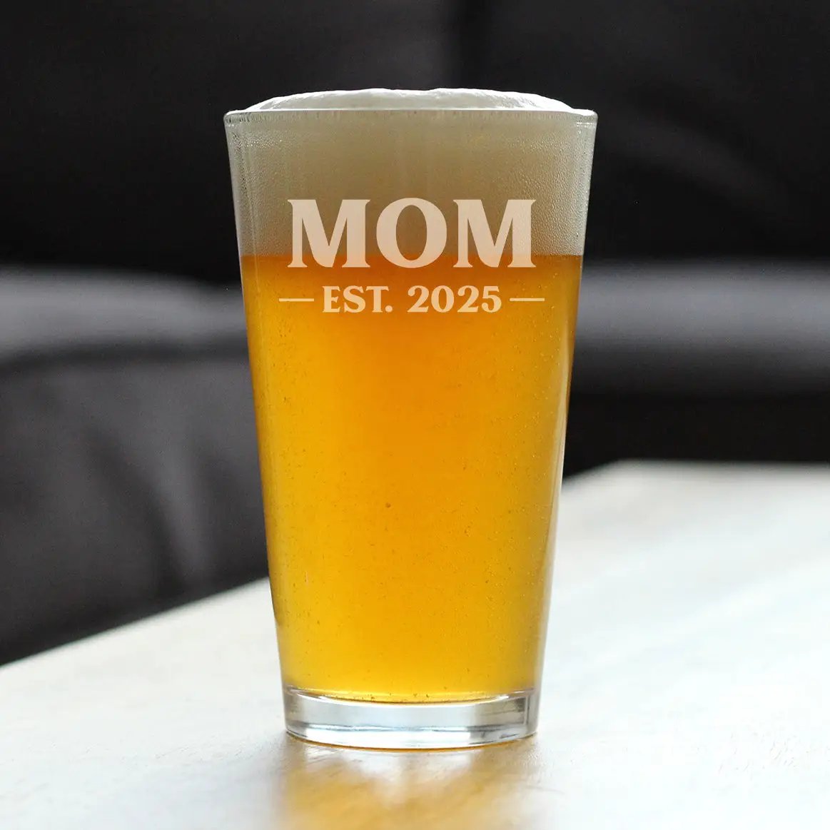 Mom Est 2025 Pint Glass | 16 Oz | Hand Etched Design | Dishwasher Safe