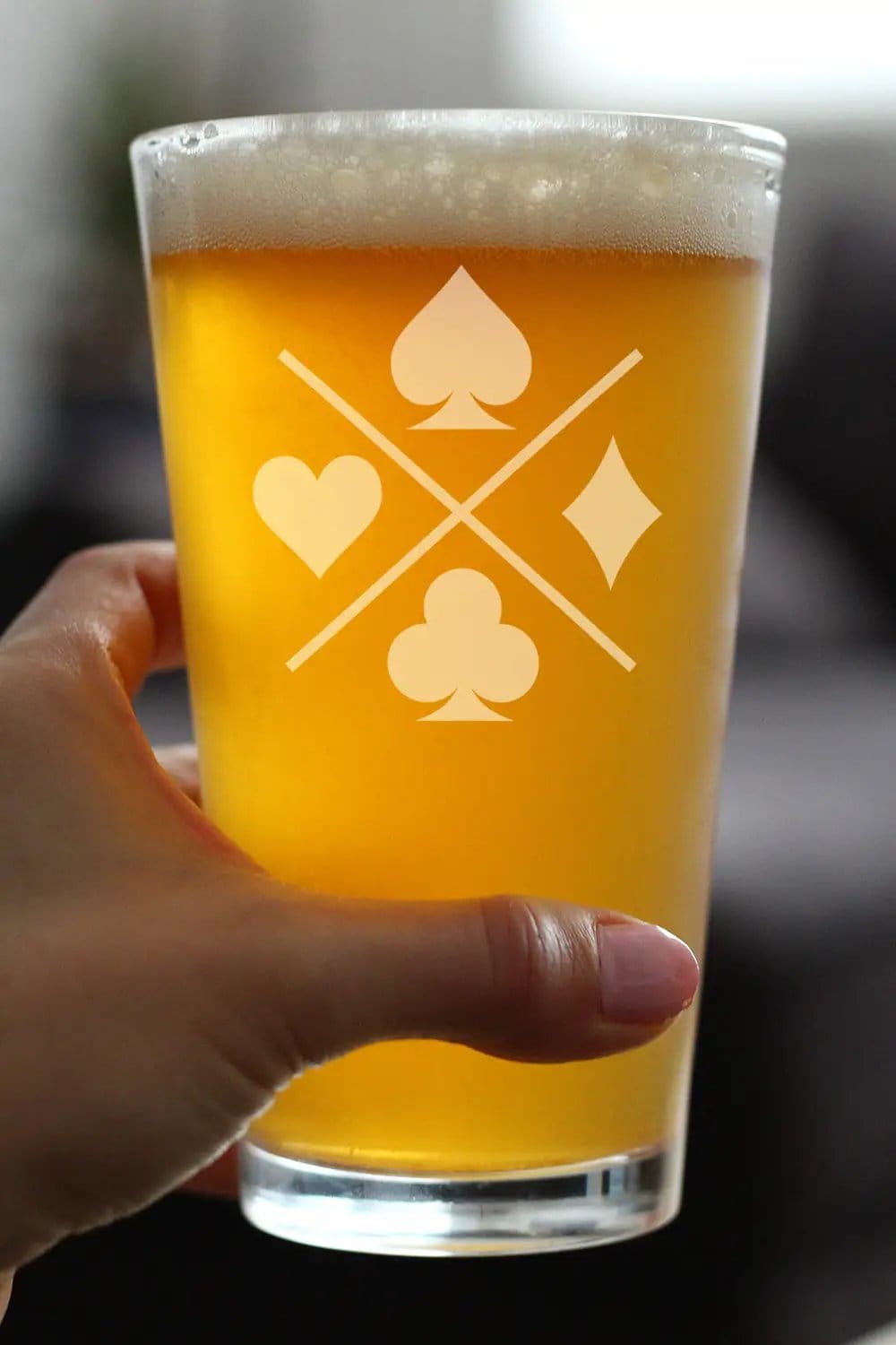 Etched Pint Glass | 16 oz Beer Glass | Dishwasher Safe | Card Suits Engraved