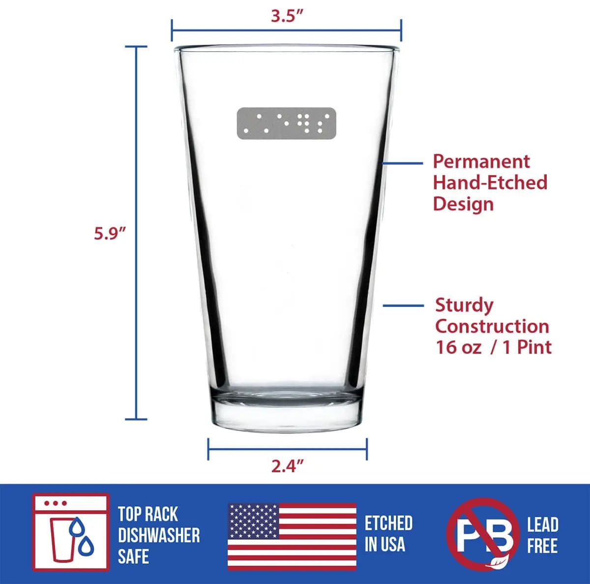 Etched Pint Glass | 16 oz Beer Glass | Dishwasher Safe | Braille Cheers