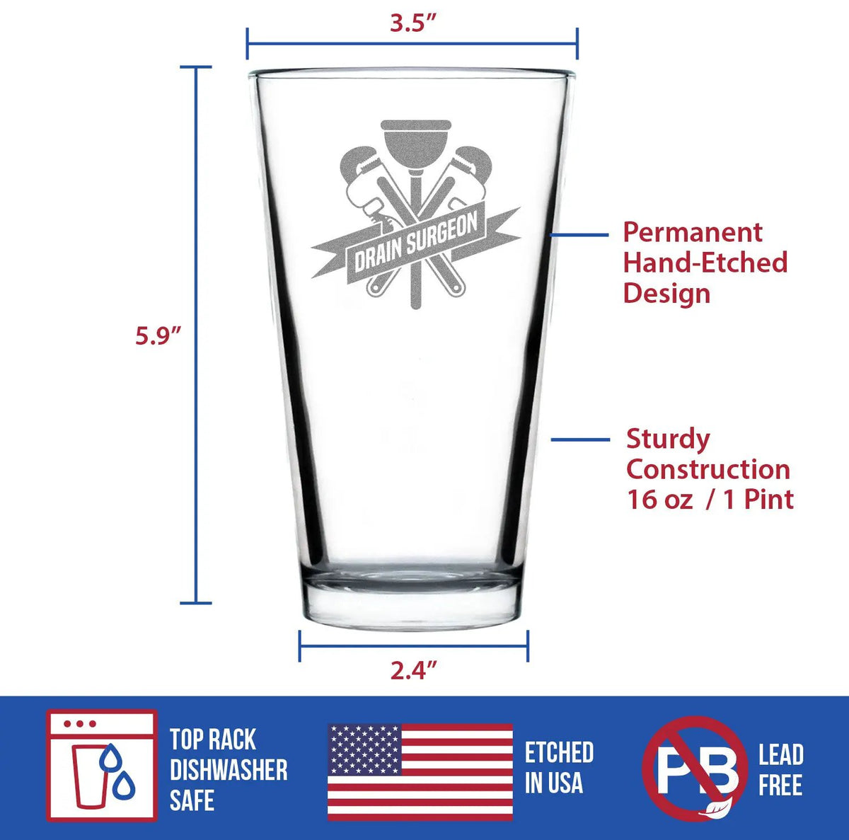 Pint Glass | Funny Plumber Etched Text | 16 Oz | Clear