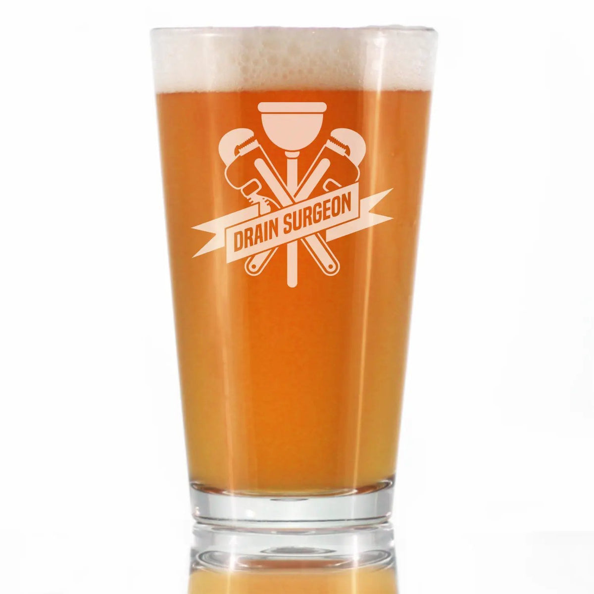 Pint Glass | Funny Plumber Etched Text | 16 Oz | Clear