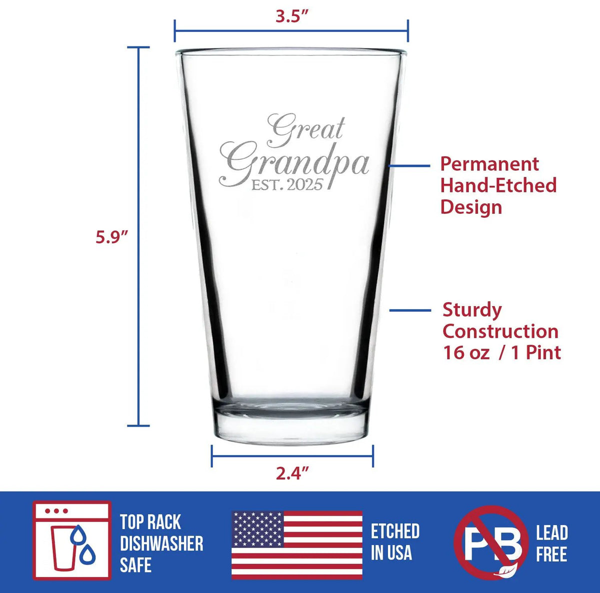 Pint Glass | Hand Etched | Dishwasher Safe | 16 Oz
