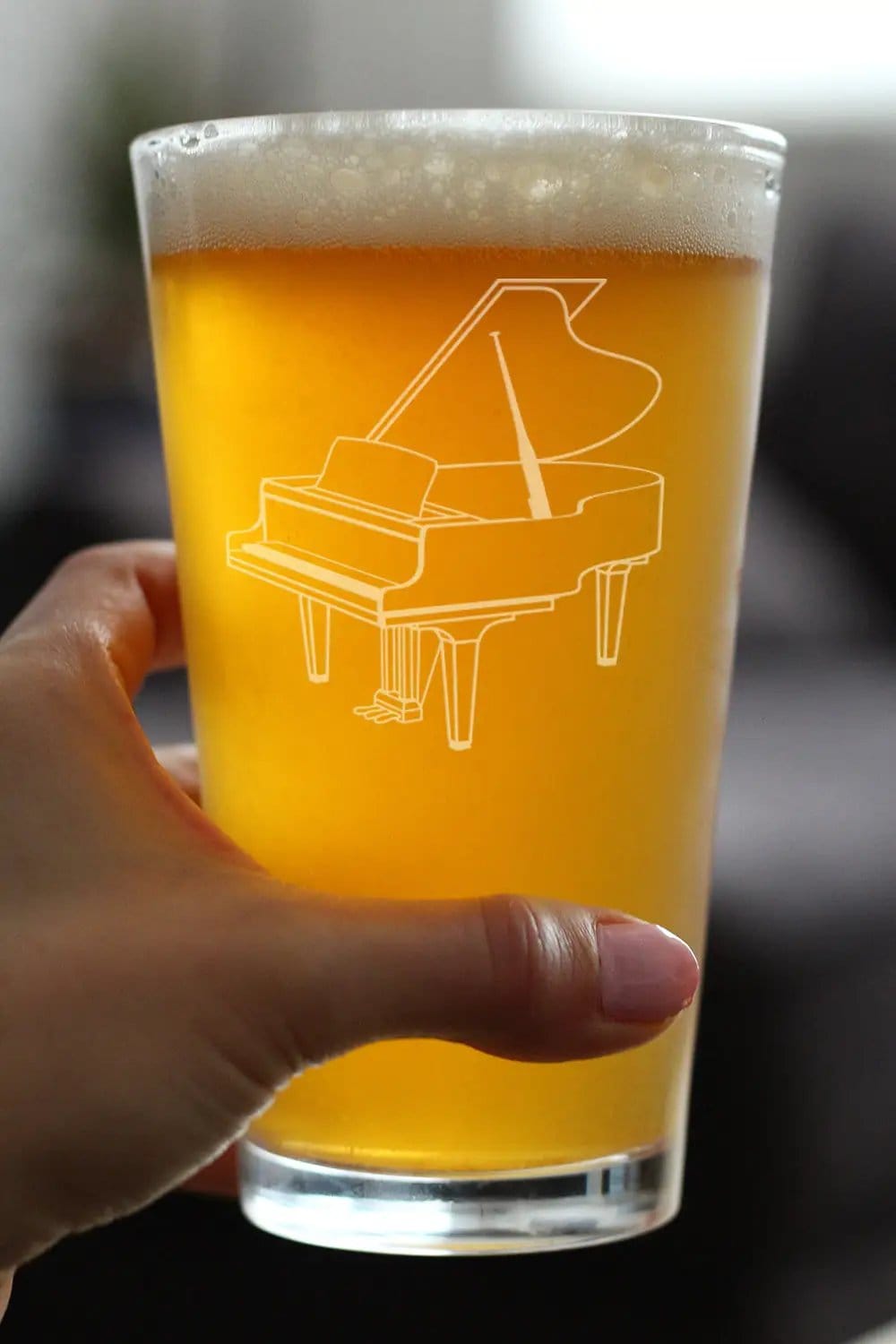 Etched Pint Glass | 16 oz Beer Glass | Dishwasher Safe | Grand Piano