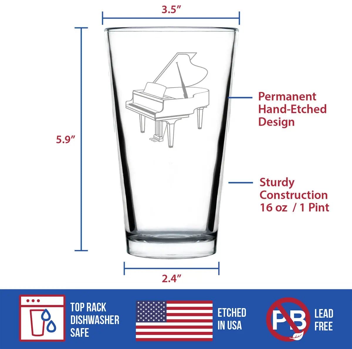 Etched Pint Glass | 16 oz Beer Glass | Dishwasher Safe | Grand Piano