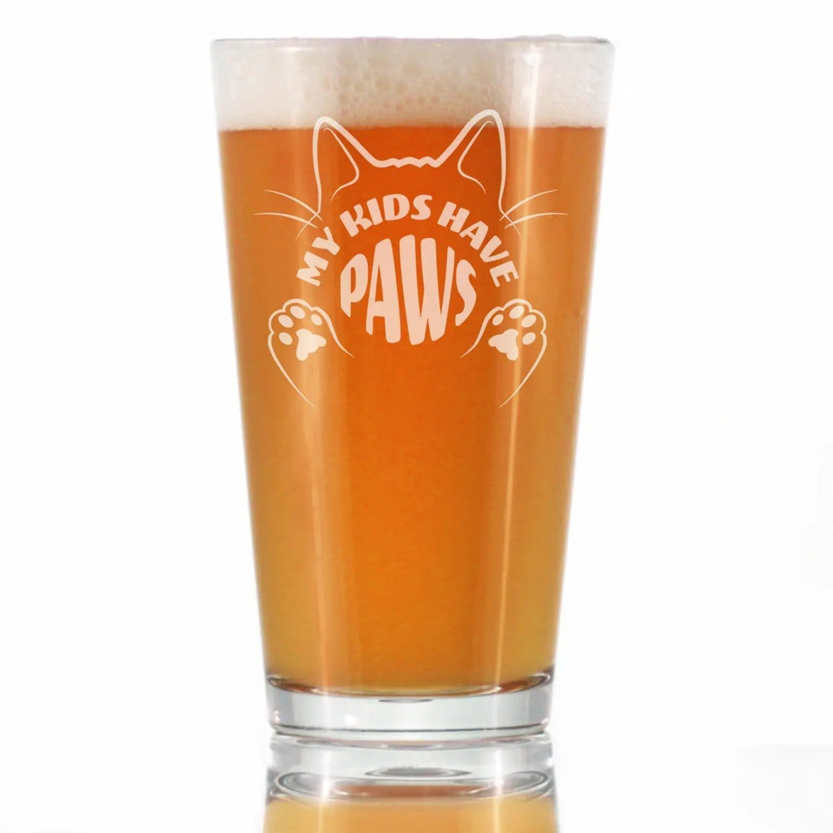 Etched Pint Glass | 16 oz Beer Glass | Dishwasher Safe | Kids Have Paws Cat Engraved