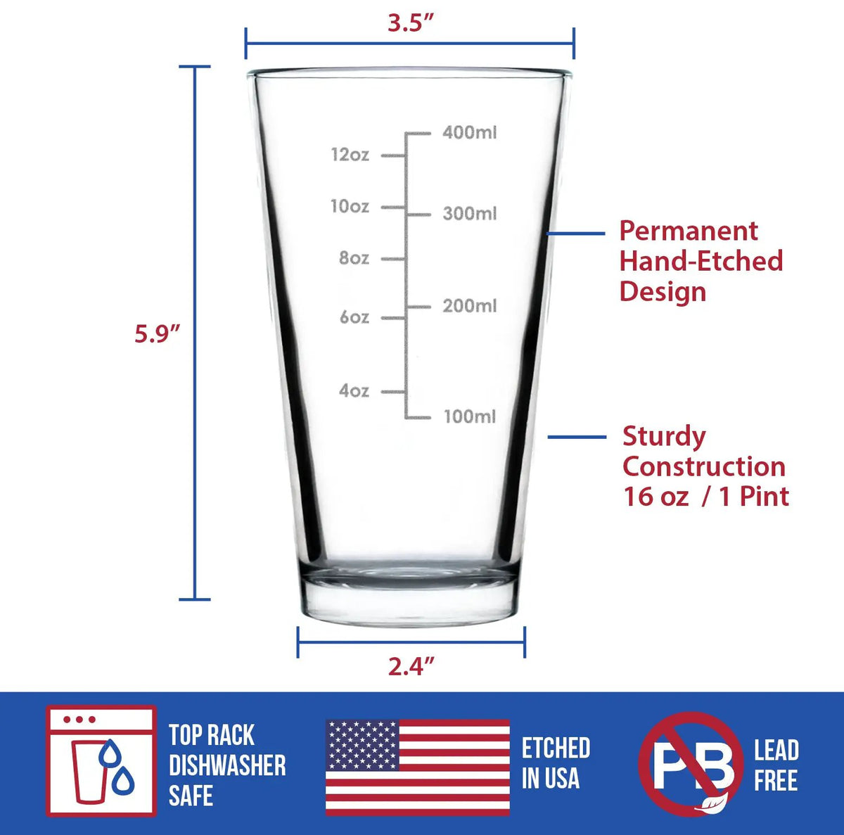 Mixing Glass | 16 Oz | Etched Measurements | Pint Size