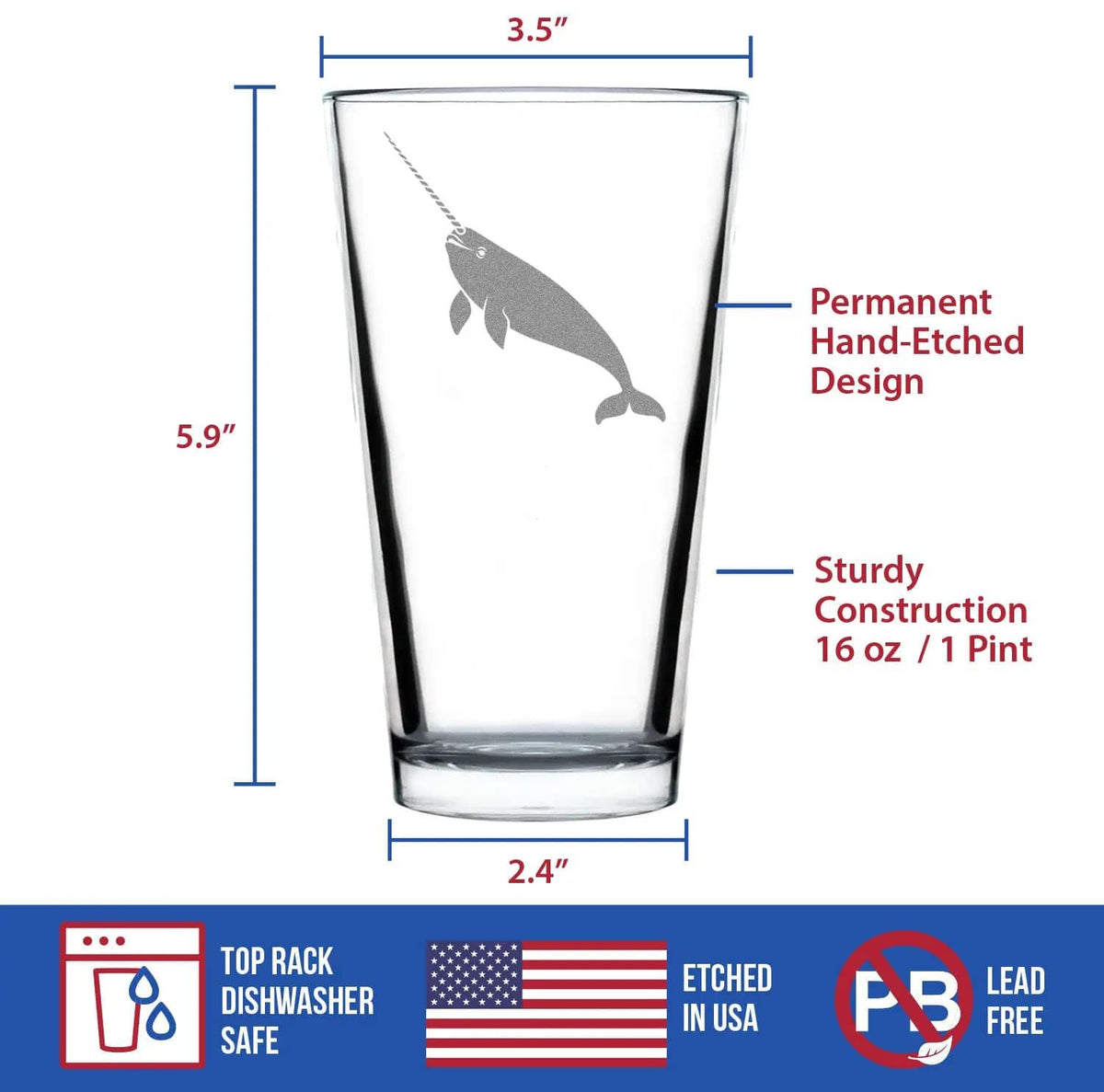 Etched Pint Glass | 16 oz Beer Glass | Dishwasher Safe | Narwhal Engraved