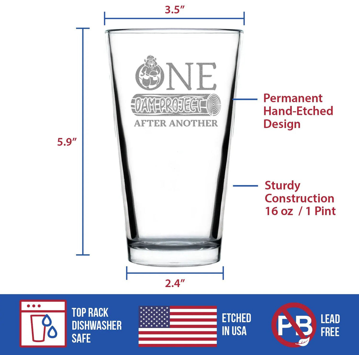 Pint Glass | Etched Design | Beer Drinkware | 16 Oz
