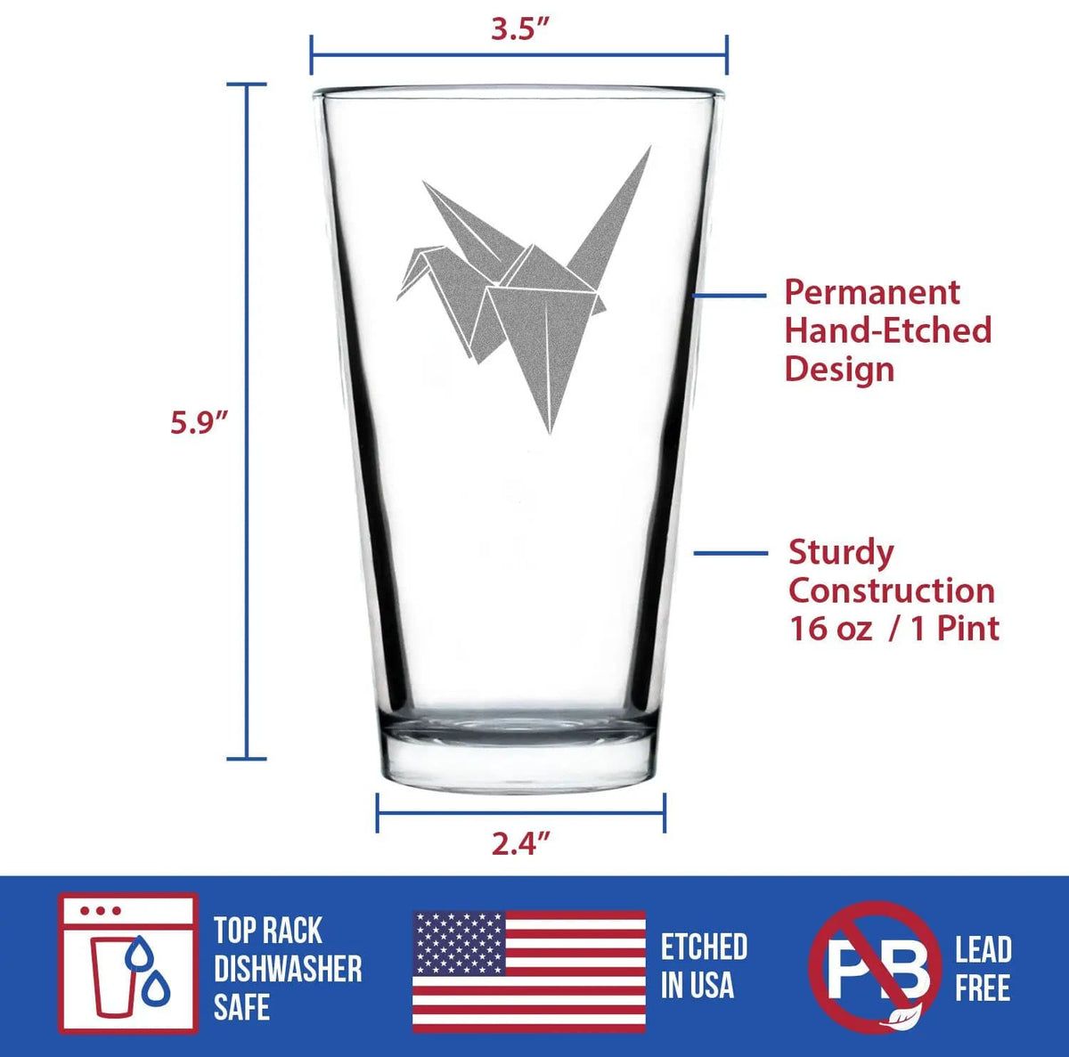 Etched Pint Glass | 16 oz Beer Glass | Dishwasher Safe | Paper Crane Engraved