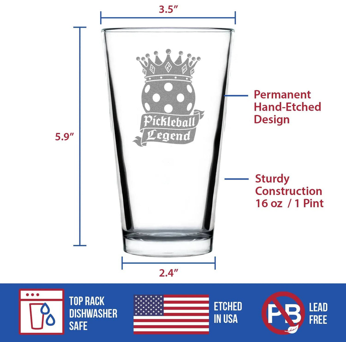 Etched Pint Glass | 16 oz Beer Glass | Dishwasher Safe | Pickleball Legend Engraved