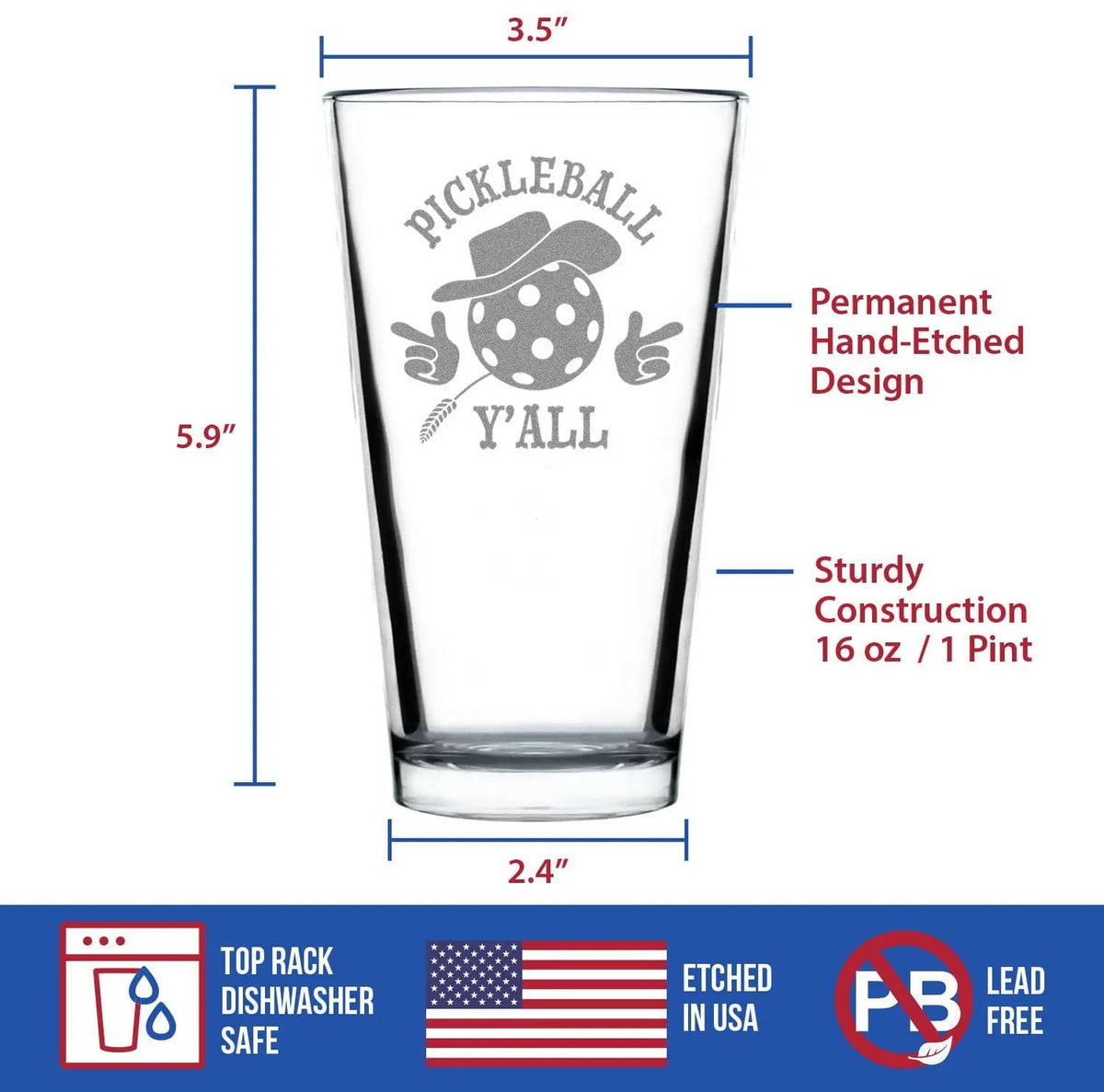 Etched Pint Glass | 16 oz Beer Glass | Dishwasher Safe | Pickleball Y'all Engraved