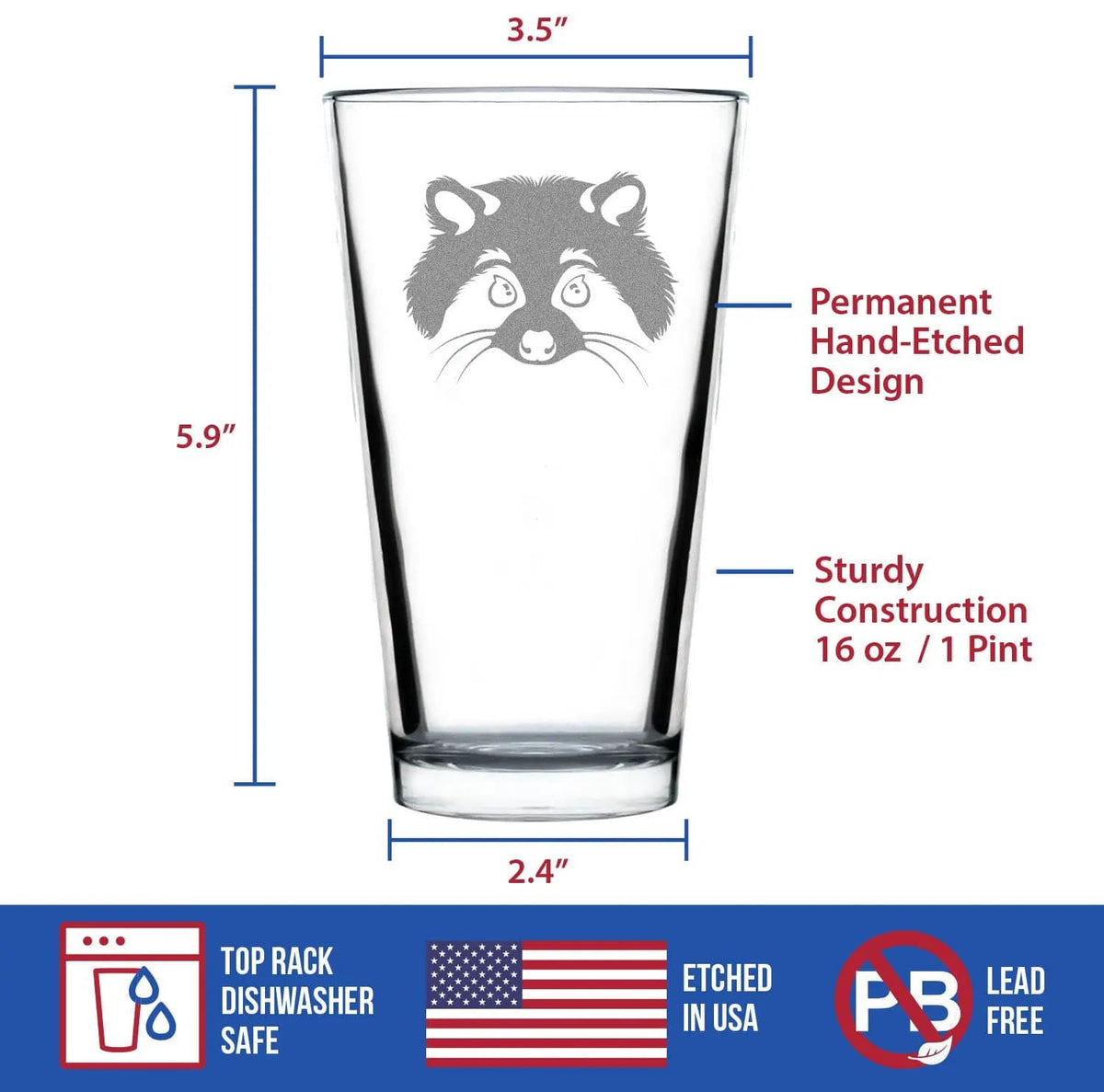 Pint Glass | Permanently Etched Raccoon | 16 Fluid Ounces