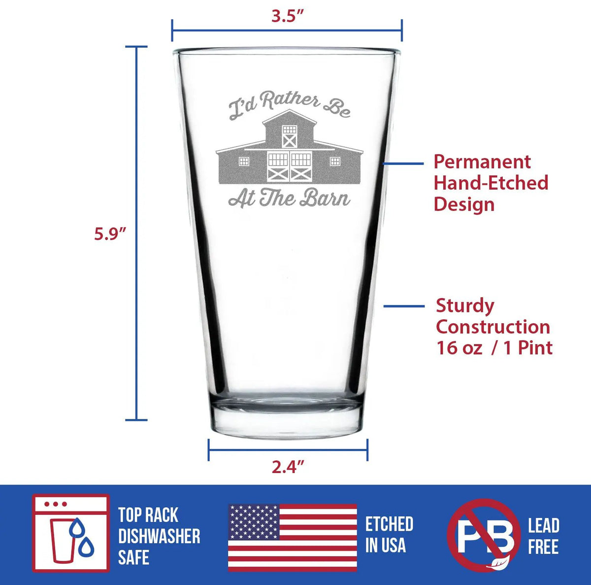 Pint Glass | Rather Be At The Barn Etched | 16 Oz Capacity | Farmhouse Decor
