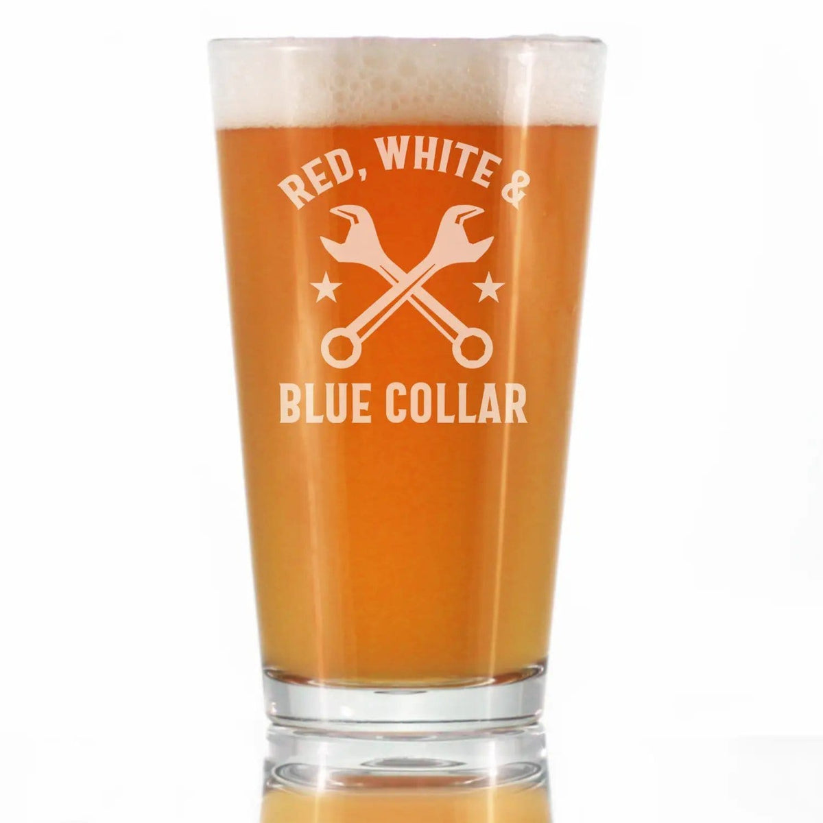 Etched Pint Glass | 16 oz Beer Glass | Dishwasher Safe | Red White & Blue Collar Engraved